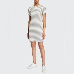 Theory Cherry Striped Ribbed Shirt Dress Fitted Bodycon Grey White Luxury Casual